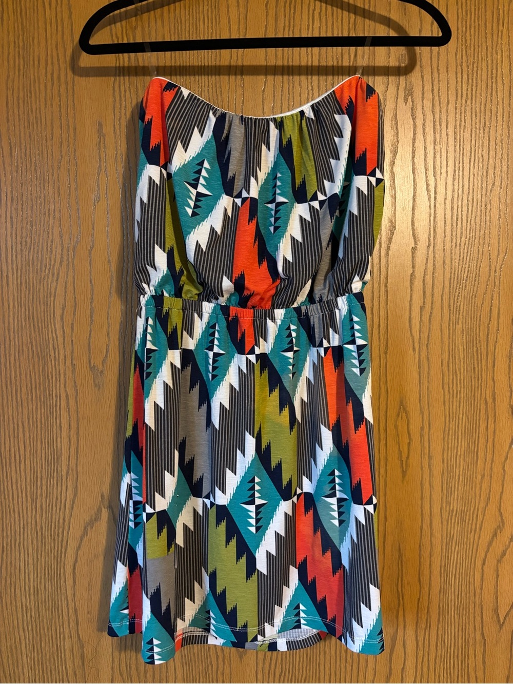 Trixxi Strapless Geometric Dress in Teal, Olive, Orange & Black